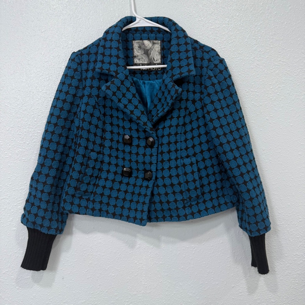 Kensie Teal Blue Black Polka Dot Textured Wool Blend Cropped Jacket Size 8